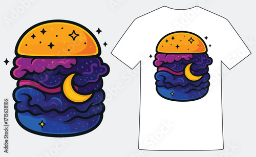Space Burger Vector Design, Cosmic Hamburger T-Shirt Art, Galaxy Food Surreal Illustration, Burger Made of Planets Vector, Cosmic Fast Food Cartoon Design