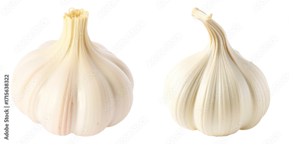 Obraz premium Two fresh garlic bulbs arranged side by side against black backdrop on transparent background
