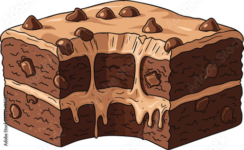 Delicious chocolate brownie with caramel center dripping and chocolate chips on top, tempting dessert for sweet tooth cravings.