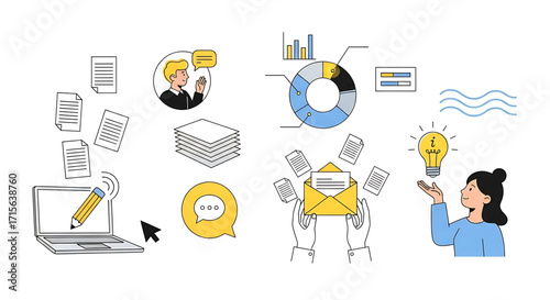 Business and technology illustrations. Concepts of web design and development, startup and online business, seo, app development, e-commerce, strategy and planning, communication.