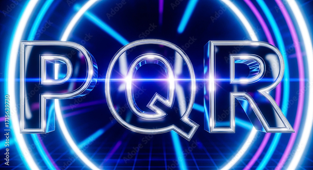 Fototapeta premium The letters P, Q, and R are rendered in a metallic, 3D style, glowing intensely within a vibrant, electric blue and pink neon light ring.