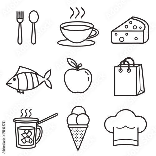 Vector art of food and drink icons in outline style