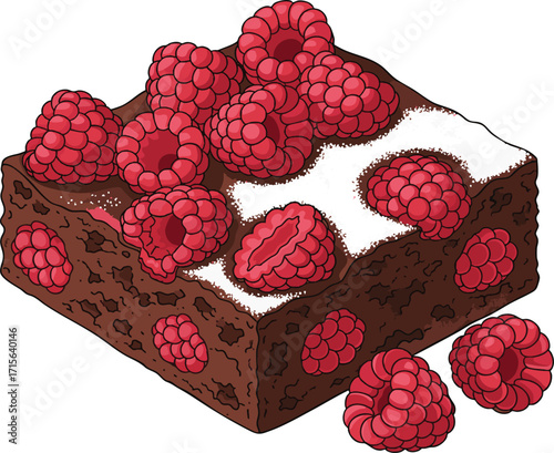 Delicious chocolate brownie topped with fresh raspberries and powdered sugar sits on a white plate, tempting taste buds with its sweet and fruity indulgence.