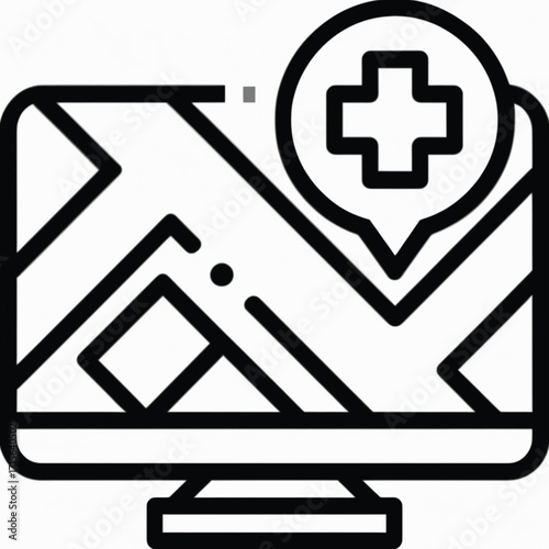 Computer screen displaying a map with a medical marker, likely for finding a nearby clinic or hospital.