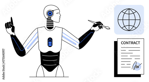 Humanoid robot with a stylus signs contract alongside globe graphic. Ideal for innovation, automation, AI ethics, digital agreements, global connectivity, legal technology, futuristic progress