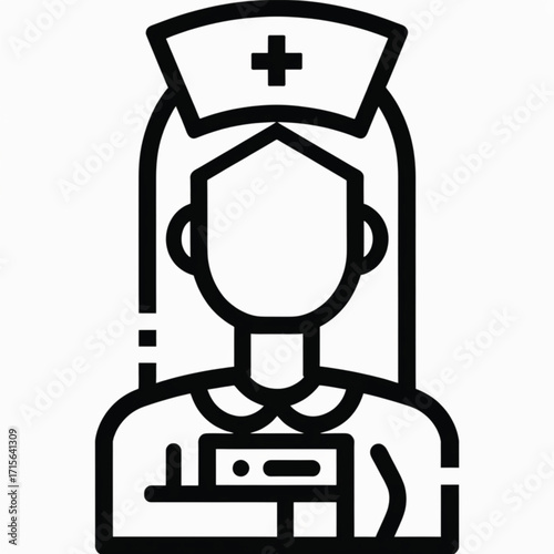 Black and white outline icon of a female nurse wearing a uniform, cap with a cross, and an ID badge, representing healthcare and medical professions.