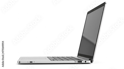 Profile view of a modern, slim laptop computer isolated on a seamless white background. Its metallic body and blank screen are ideal for technology, business, and educational projects.