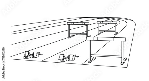 Dynamic line art of a running track with hurdles and starting blocks ready for competition, perfect for sports branding, athletic event promotions, or fitness themed designs