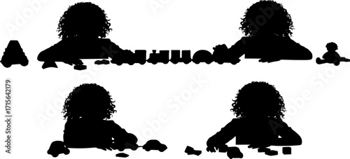 vector silhouette girl playing with toys at table on white
