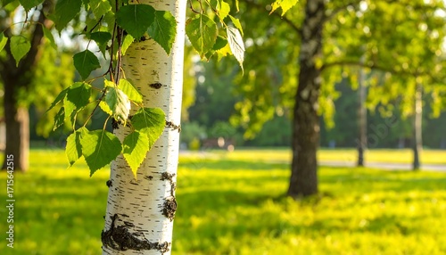 Fototapeta Naklejka Na Ścianę i Meble -  Vibrant summer birch tree trunk in a park