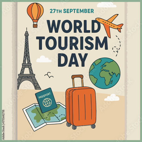 "Celebrate World Tourism Day with a stunning flyer showcasing travel destinations, culture, and global adventure vibes."