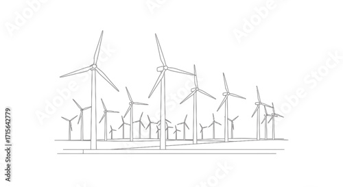 Modern wind turbine farm illustration conveying clean energy, environmental responsibility, and sustainable solutions for a greener future with white background
