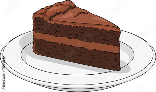 Slice of chocolate cake sits on white plate, tempting dessert in a cafe, rich and decadent treat for celebration or indulgence.