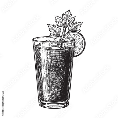 Bloody Mary cocktail engraving woodcut sketch vector illustration