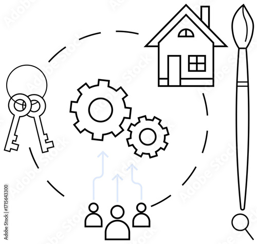 Keys, cogs, a house, and a paintbrush highlight teamwork, creativity, homeownership, and development. Ideal for real estate, business strategy creativity innovation teamwork collaboration simple