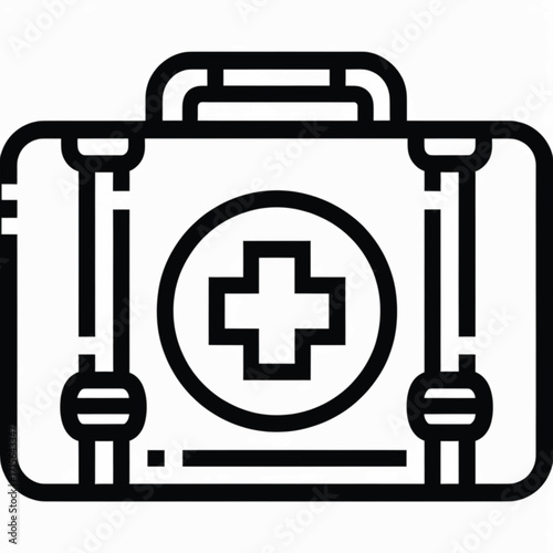 Black and white illustration of a first aid kit with a prominent medical cross symbol.