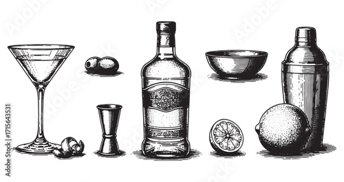 set of gin bottle engraving woodcut sketch vector illustration