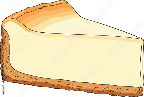 Slice of cheesecake sits on a white plate, ready to be eaten, showcasing its creamy texture and golden crust in a bright, inviting scene.