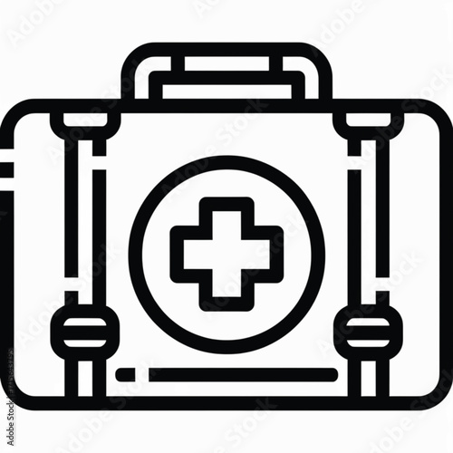 A black and white line art icon of a first aid kit, depicted as a briefcase with a medical cross symbol in the center.