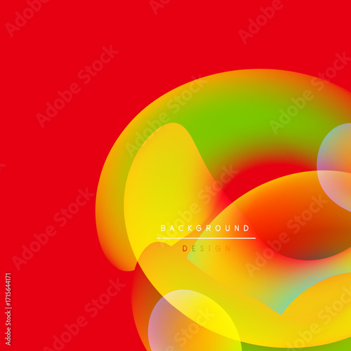 Abstract vibrant shapes overlap. Red background contrasts yellow, green, orange hues. Modern design element, smooth gradients present.