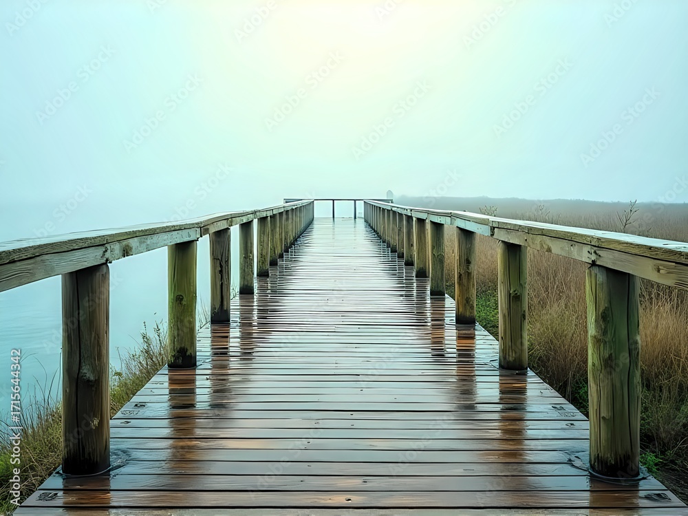 Fototapeta premium Wooden Bridge Overlooks Ocean with Grassy Skyline & Clouds