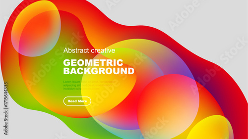 Vibrant abstract shapes overlap, creating dynamic colorful background. Text promotes further exploration. Modern design elements present.