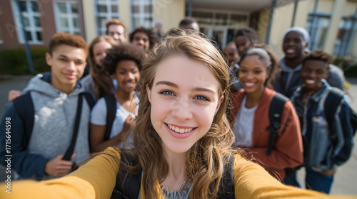 Group of high school students, multiracial, taking a selfie, schoolbuilding and some other students in background. Students with different ethnic background. Body inclusivity.