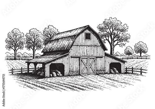 vintage barn farm landscape engraving woodcut sketch vector illustration