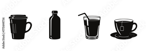 Collection of black white beverage icons including coffee. Black and white of various drinks isolated on white background, including juice, water, coffee, and soda for refreshment. vector illustration