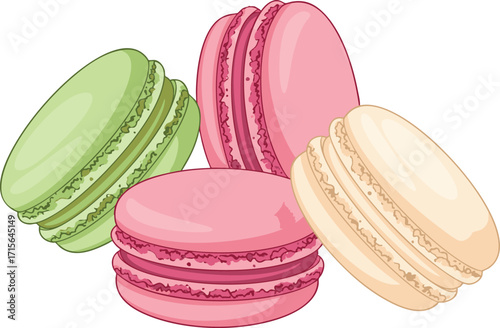 Colorful macarons arranged on a white surface, showcasing their pastel hues and delicate textures, creating a sweet and inviting scene.