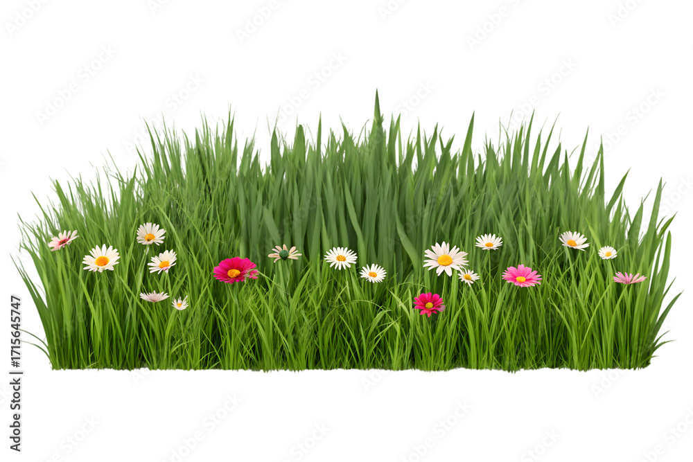 Fototapeta premium Vibrant green grass with colorful daisies. Perfect for spring themes.