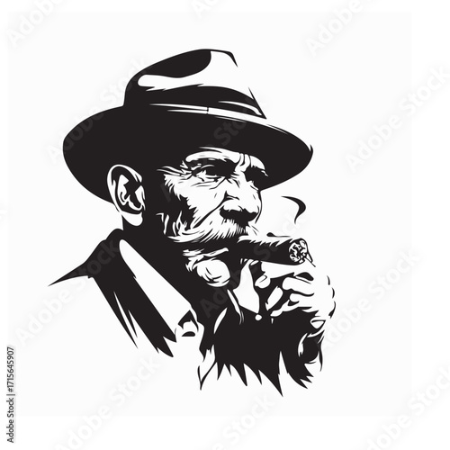 Old Man with Beard Smoking Cigar Vector on white background
