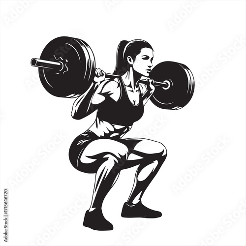 "Female Squat with Barbell Silhouette – Strength Training Fitness Vector"