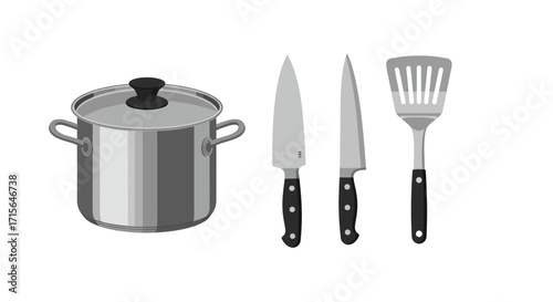 Kitchen Essentials Pot, Knives, and Spatula Illustration