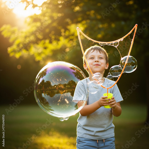Joyful Boy with Giant Bubbles in a Sunny Park