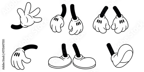 Classic cartoon hands and feet set for animation and character design