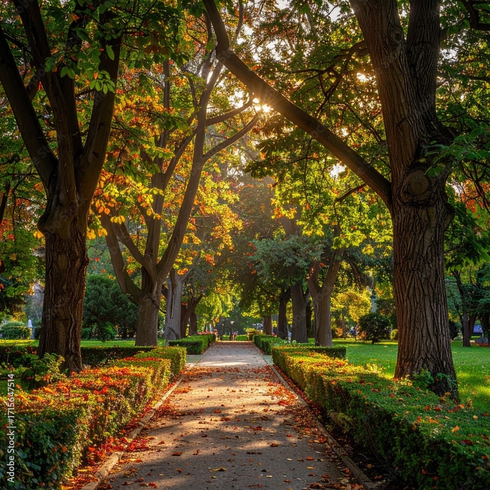 Naklejka premium Autumnal park path bathed in sunlight