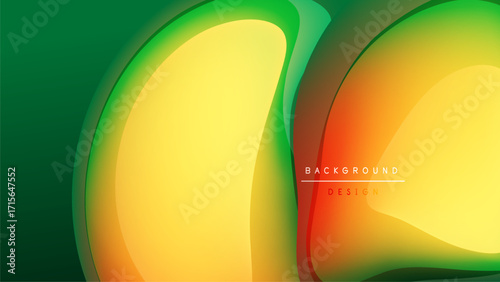 Abstract fluid shapes, vibrant colors blend. Green, yellow, orange gradients create dynamic background design. Smooth curves, modern aesthetic.
