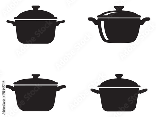 Collection of cooking pots and utensils silhouette isolated on white background