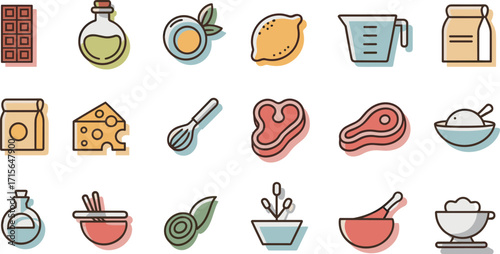 Collection of culinary icons food ingredients kitchen utensils cooking elements for recipes and food blogs