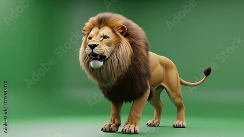 A majestic male lion with a full mane roars with its mouth wide open
