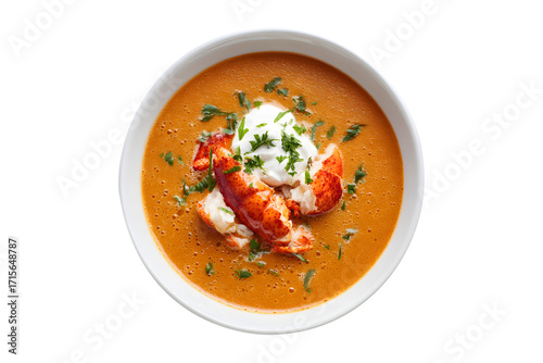 Lobster bisque soup with fresh herbs and cream on a white bowl, isolated on transparent background