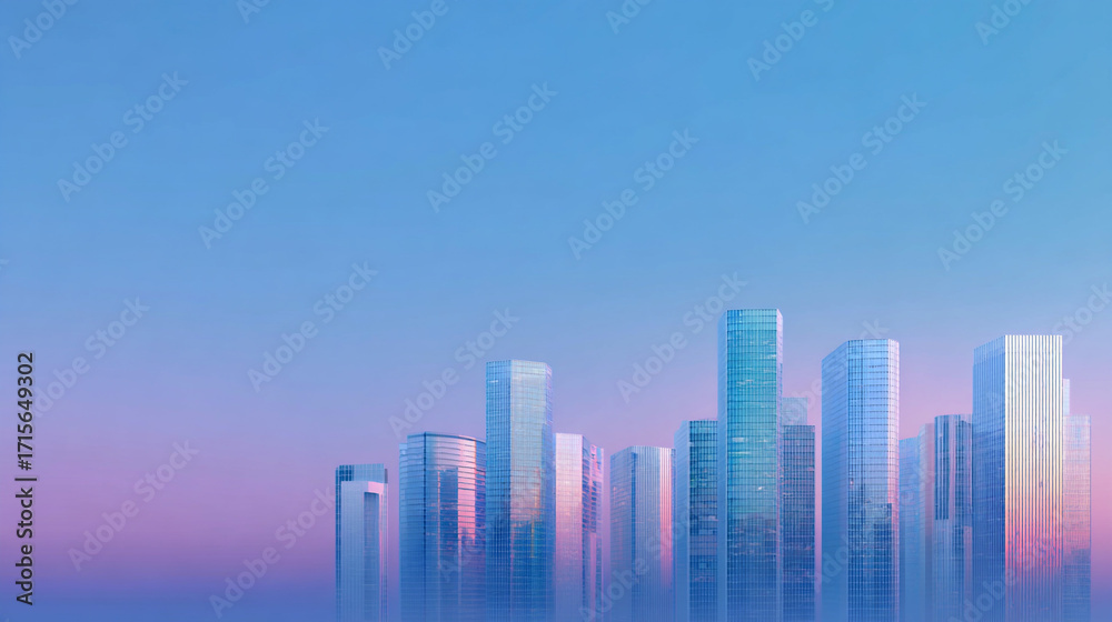 Obraz premium 朝焼けに輝く未来都市の高層ビル群