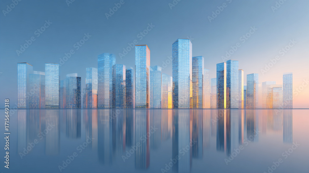 Fototapeta premium 朝焼けに映る未来都市の高層ビル群と水面の反射