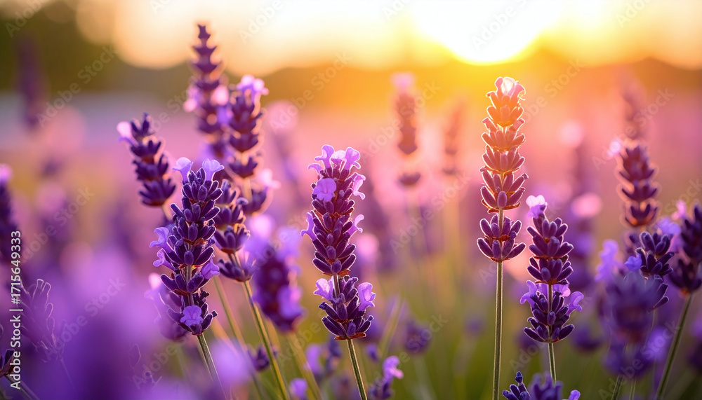 Fototapeta premium Soft focus of lavender buds in bloom, warm golden hour sunlight