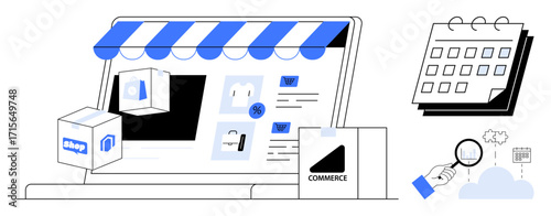 Digital storefront with a striped awning, product images, and shipping box. Calendar and magnifying glass highlight scheduling, e-commerce, and analytics. Ideal for retail, marketing, logistics
