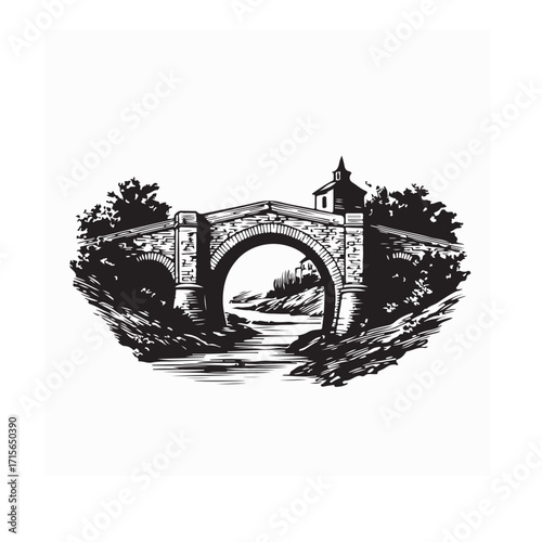 Silhouette of Ancient Stone Bridge Vector for Vintage Travel Scene Design