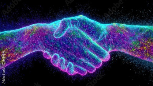 Handshake shown in digital futuristic style concept. Digital handshake symbolizing unity and collaboration in society.