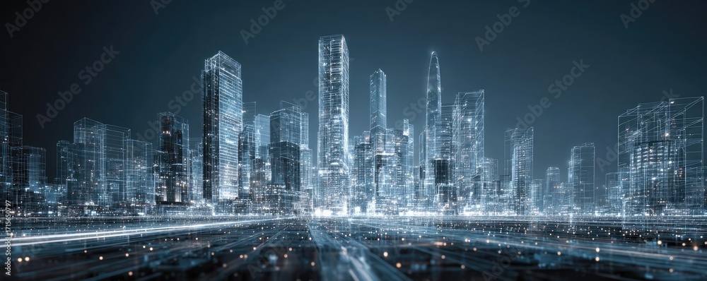 Fototapeta premium Overview for project managers in fund investment concept. Futuristic skyline with technological elements and glowing lights.