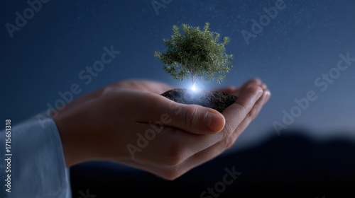 A conceptual image of environmental protection, with a hand holding a small, glowing tree in a digital landscape.